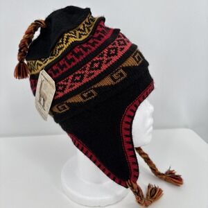 Artesania Alpaca Wool Fleece Lined Vibrant Knit Hat Beanie with Tassels Peru OS